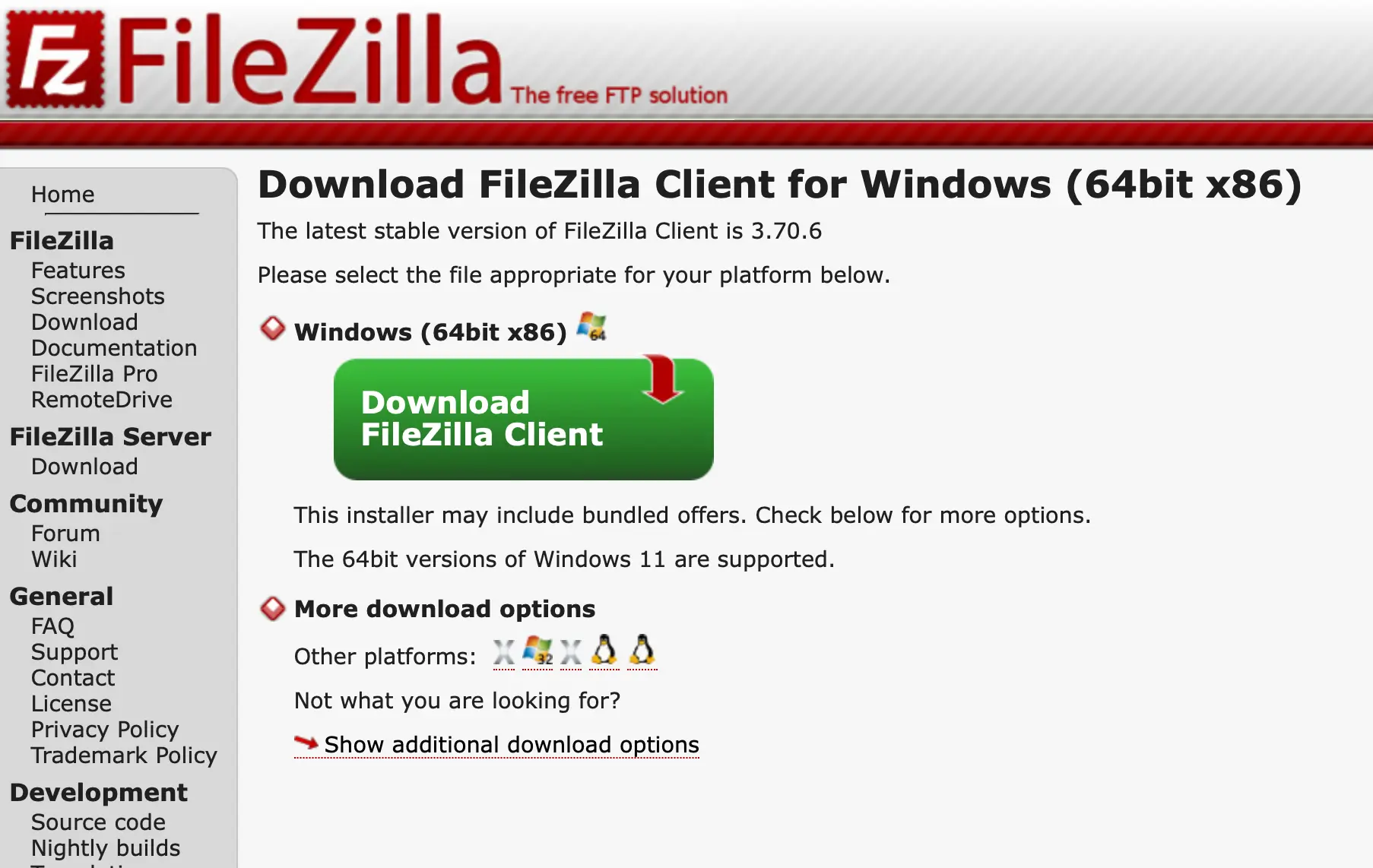 Официальная страница загрузки FileZilla Client для Windows