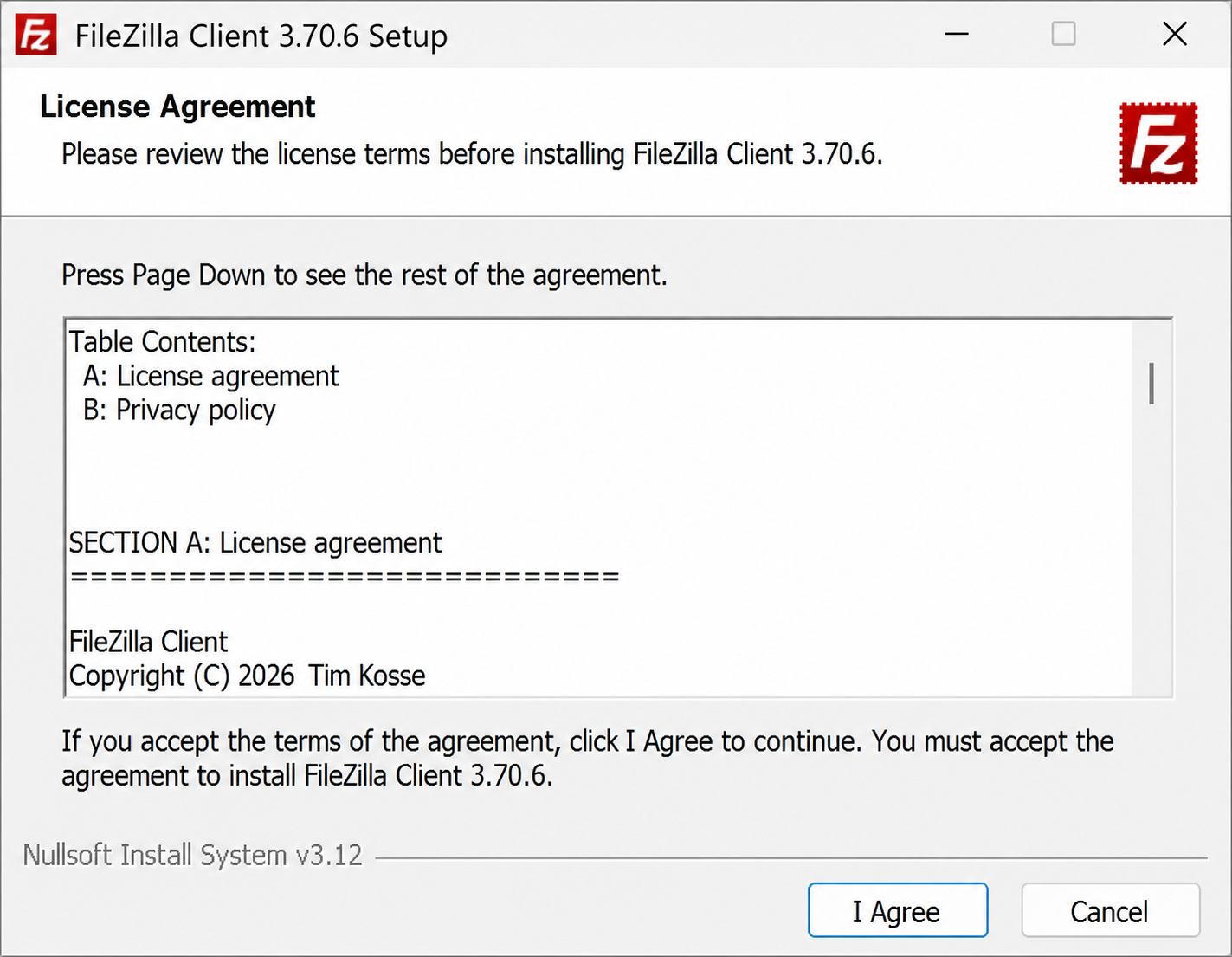 Лицензионное соглашение установщика FileZilla Client