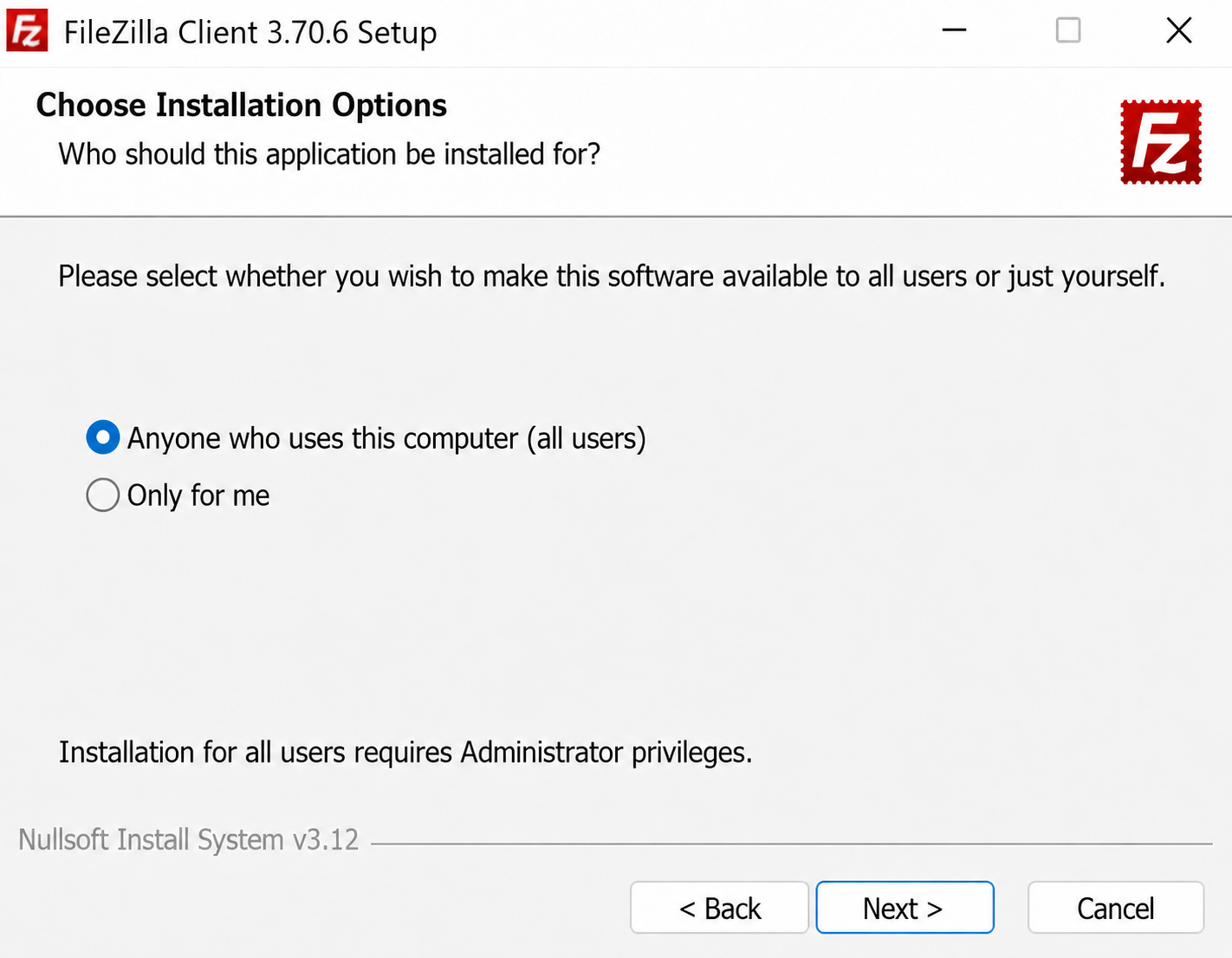 Выбор пользователей для установки FileZilla Client