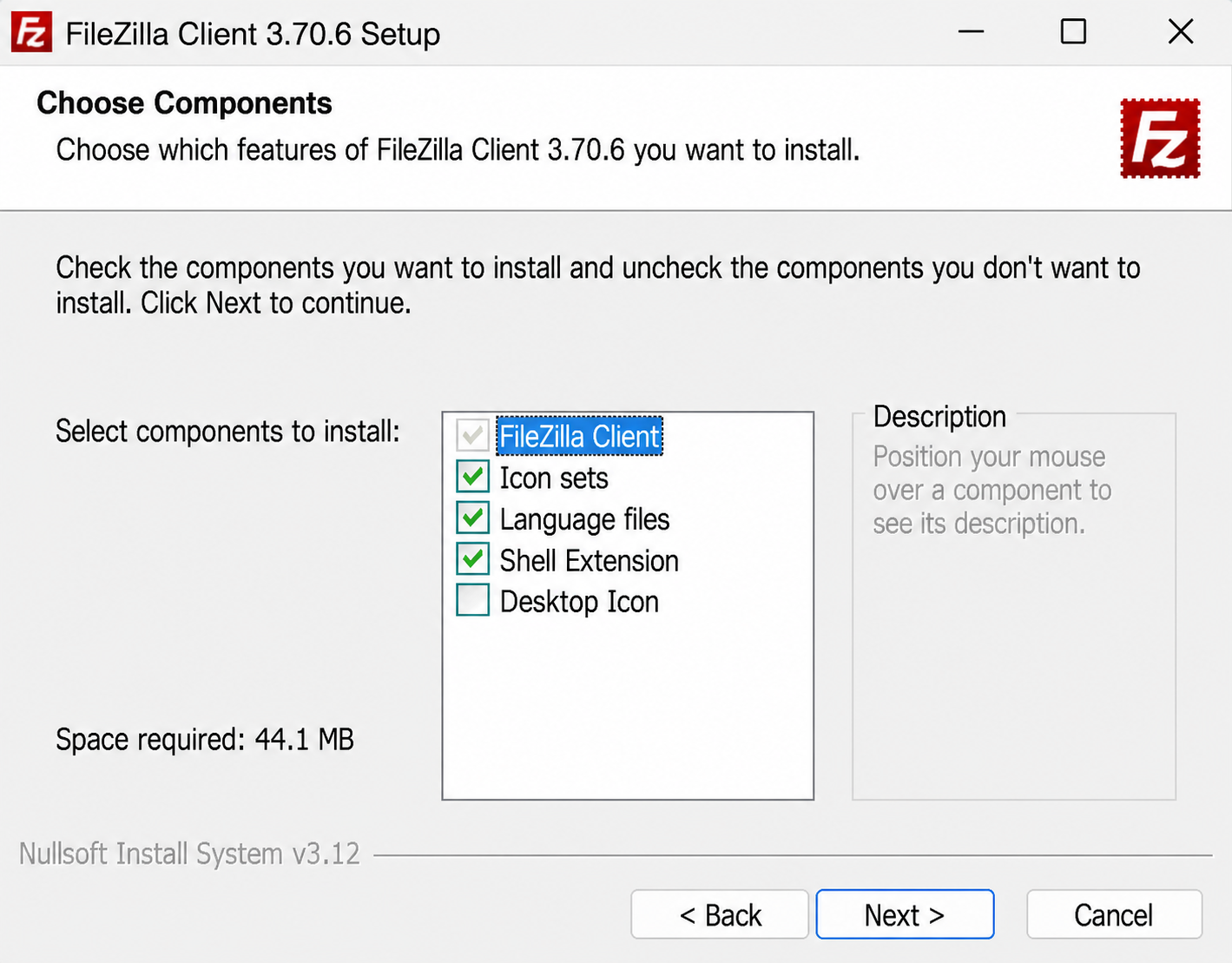 Выбор компонентов FileZilla Client