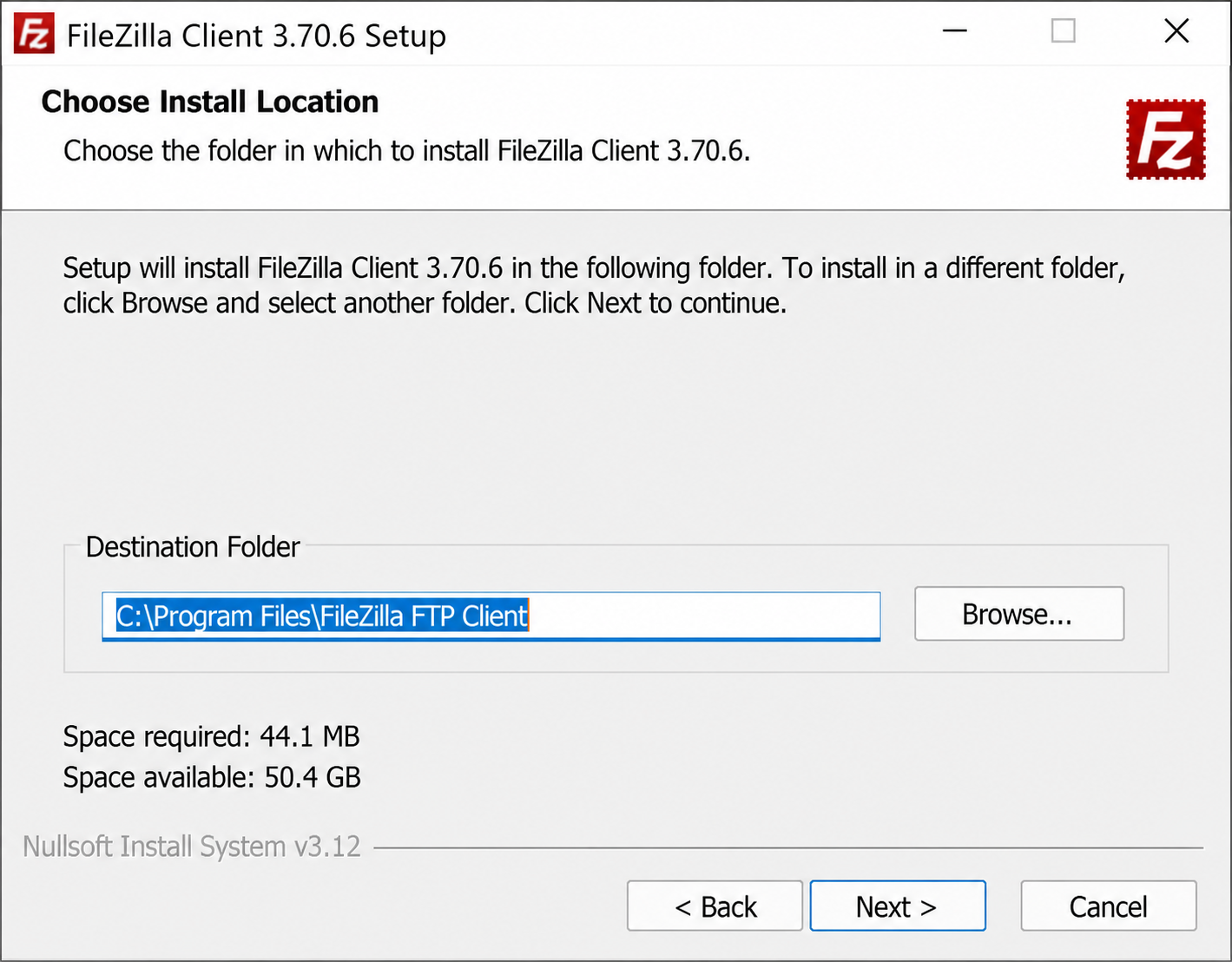 Выбор папки установки FileZilla Client