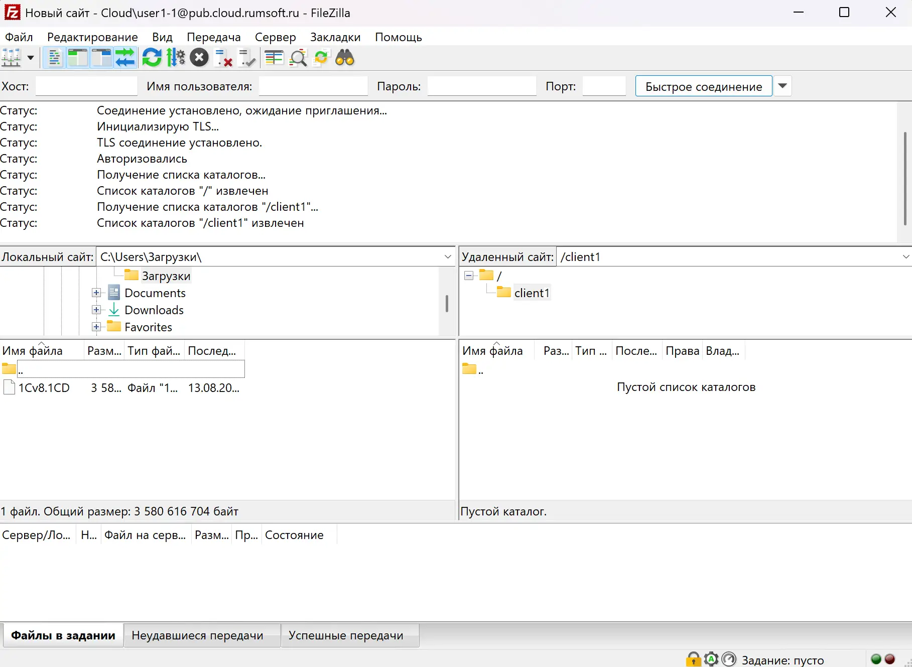 Локальная и удалённая панели в окне FileZilla после подключения