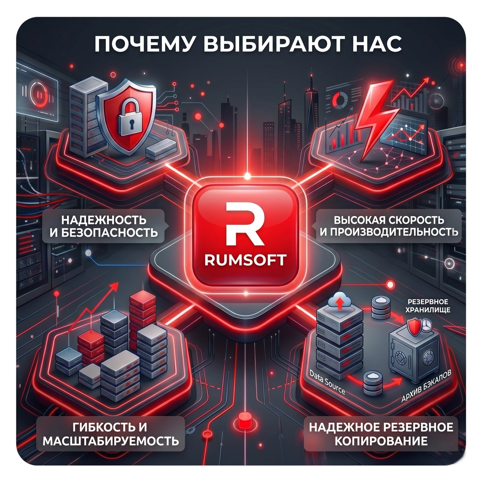 Схема облачной инфраструктуры Rumsoft в темной теме
